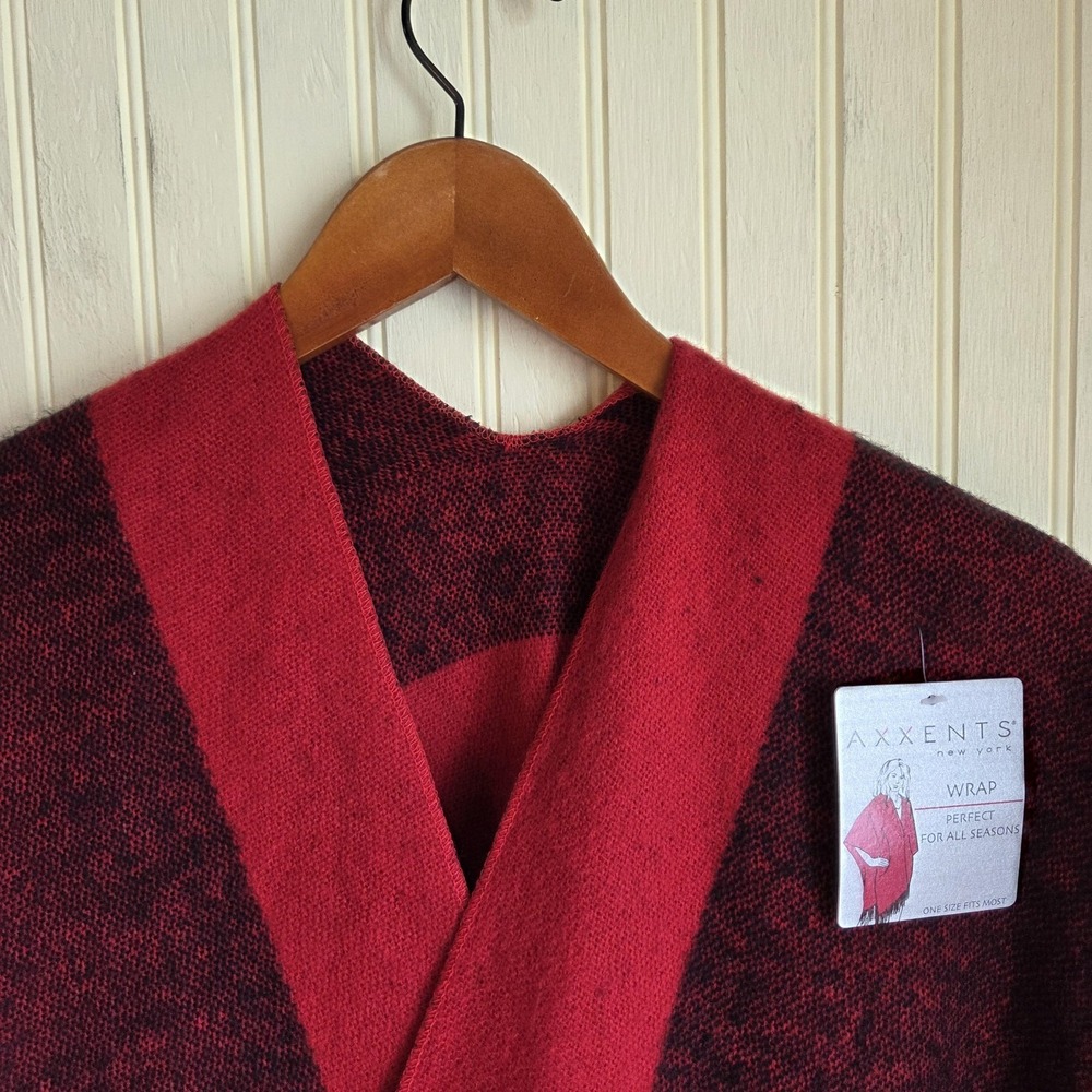 Axxents Wrap Womens One Size Red Fringe Knit Rectangle Shawl Scarf Poncho
